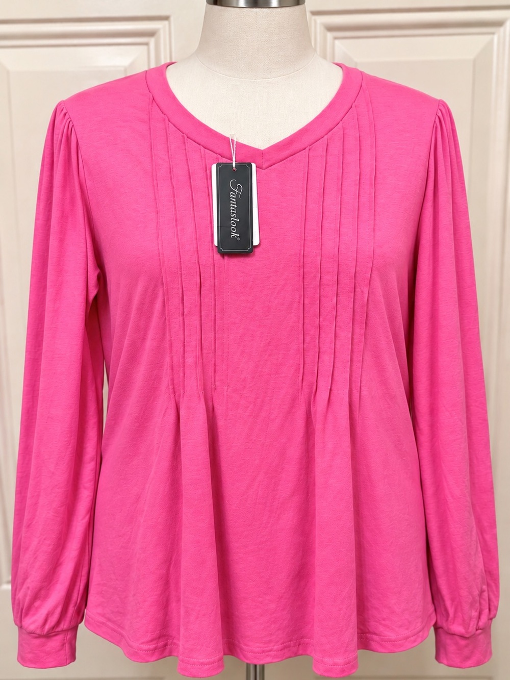 Fantaslook Women’s Pink Pintuck Long‑Sleeve Top. Size Large